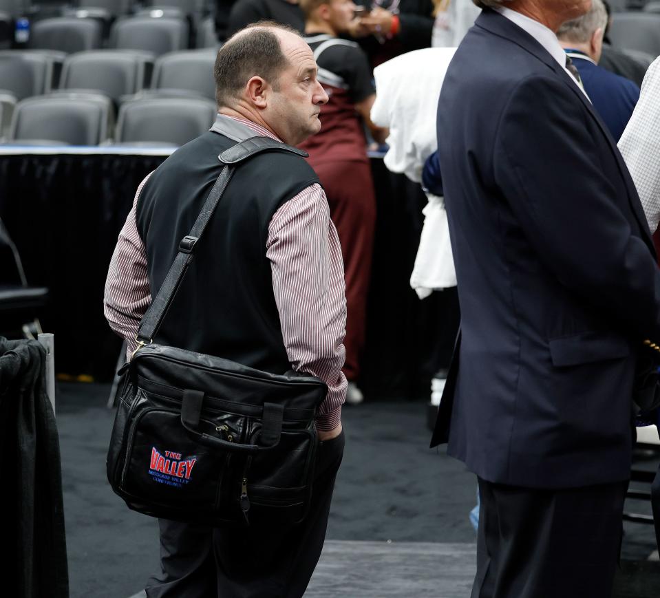 Missouri State athletic director Kyle Moats leaves the court after a Missouri Valley Conference Tournament game against Southern Illinois, Friday, March 3, 2023, at Enterprise Center in St. Louis. 