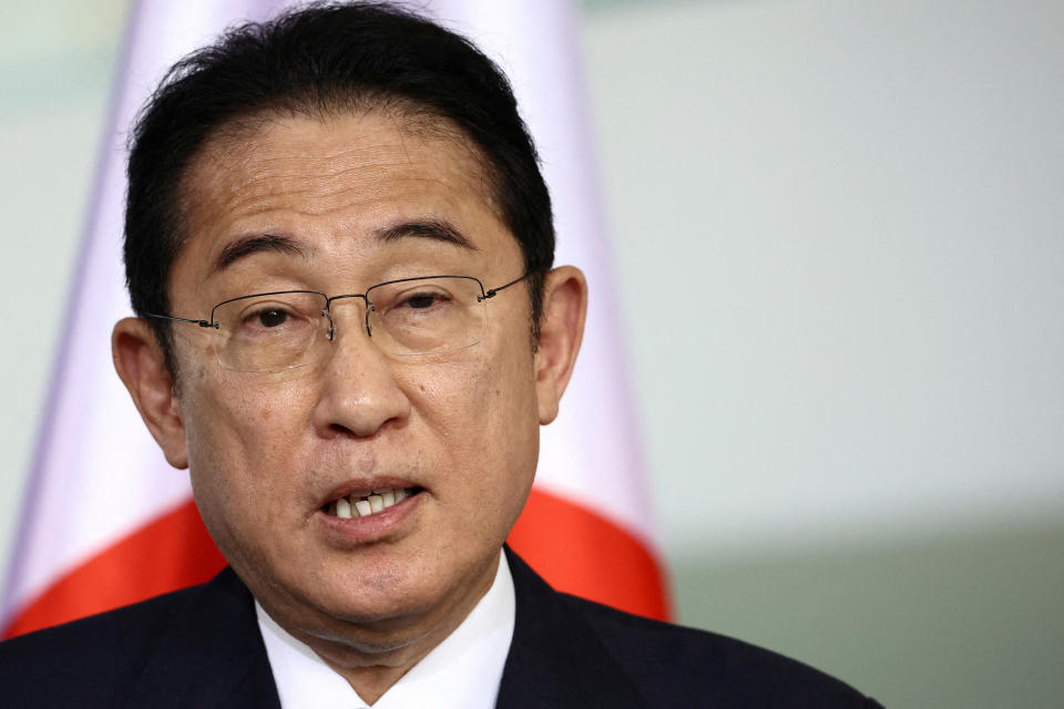 FILE PHOTO: Japanese Prime Minister Fumio Kishida speaks to reporters accompanied by German Chancellor Olaf Scholz (not pictured) in Berlin, Germany, July 12, 2024. REUTERS/Liesa Johannssen/File Photo