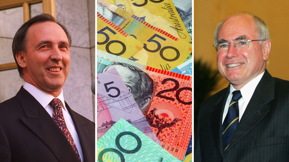 Composite image of former Australian prime ministers Paul Keating and John Howard, and money to signify the economy