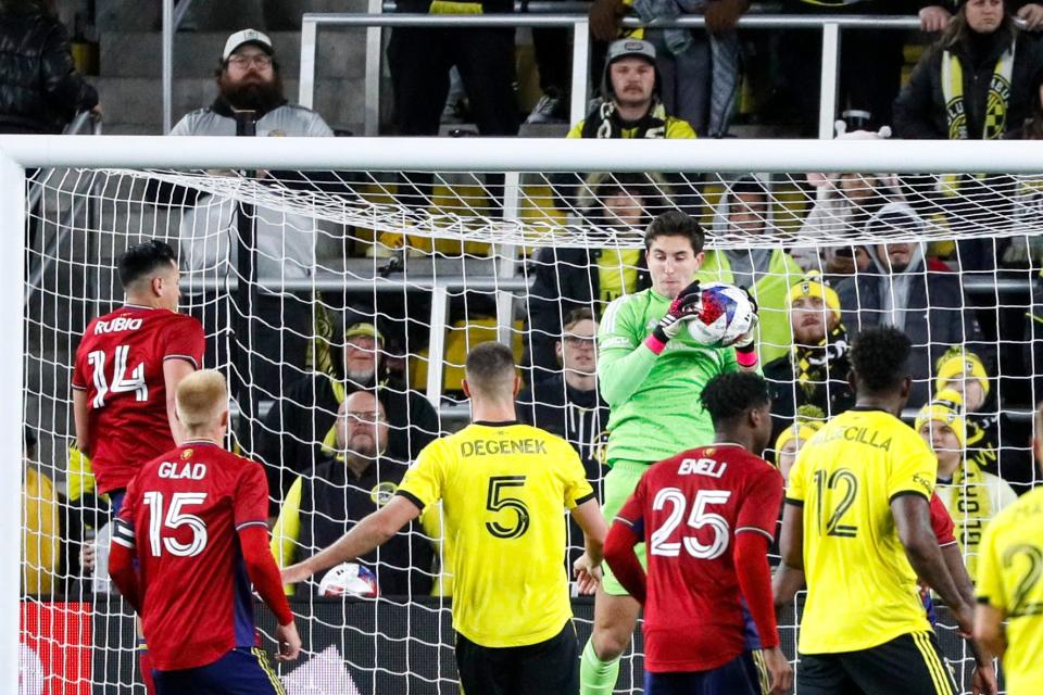 Apr 1, 2023; Columbus, Ohio, United States;  Columbus Crew goalkeeper Patrick Schulte (28) saves a shot attempt by Real Salt Lake during the second half of the MLS soccer game between Columbus Crew and Real Salt Lake at Lower.com Field on Saturday night. Mandatory Credit: Joseph Scheller-The Columbus Dispatch
