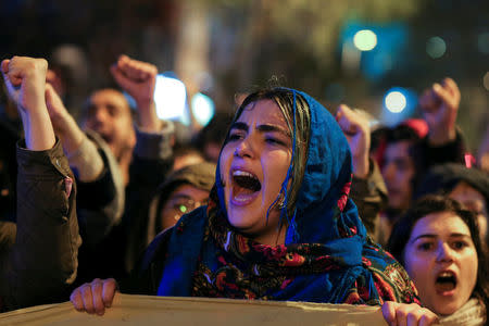 An anti-government protester shouts slogans during a demonstration at the Besiktas district in Istanbul, Turkey, April 17, 2017. REUTERS/Huseyin Aldemir