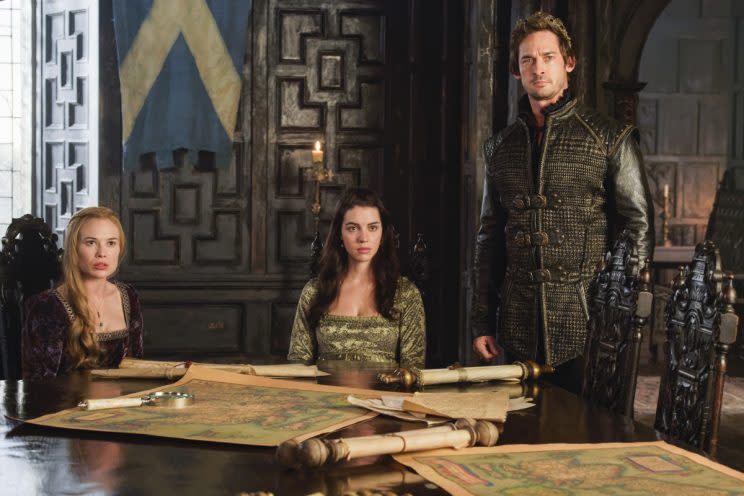 Celina Sinden as Greer, Adelaide Kane as Mary, and Will Kemp as Lord Darnley (Photo: Ben Mark Holzberg /The CW)