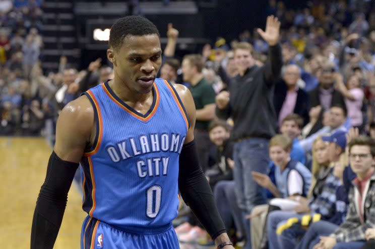 Russell Westbrook gets a wave goodbye. (AP Photo/ Brandon Dill)