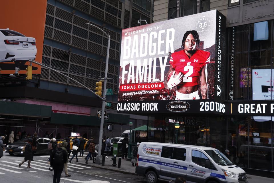 NEW YORK, NEW YORK - FEBRUARY 01: Jonas Duclona is featured on The Varsity Collective Times Square Billboard on February 01, 2023 in New York City.