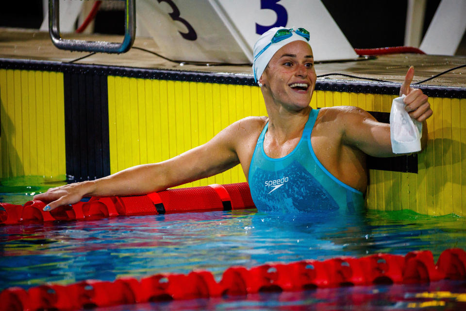 Australia's Kaylee McKeown reacts following the women's 200m backstroke final during the Australian Swimming Trials at the Brisbane Aquatic Centre on June 13, 2024. (Photo by Patrick HAMILTON / AFP) / -- IMAGE RESTRICTED TO EDITORIAL USE - STRICTLY NO COMMERCIAL USE -- (Photo by PATRICK HAMILTON/AFP /AFP via Getty Images)