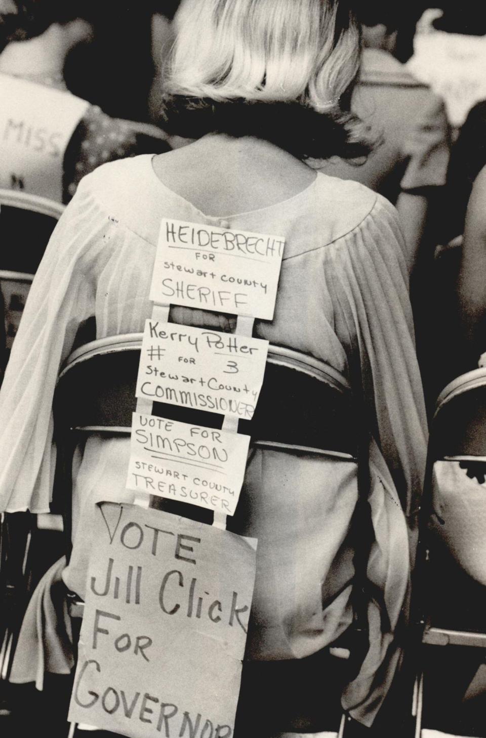 A participant in the 1968 Girls' State session let others know which candidates she was backing for sheriff, county commissioner, county treasurer and governor.