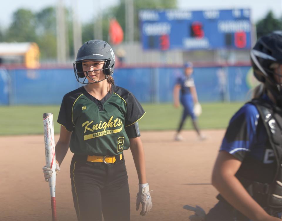 Northeastern freshman Lexi Russell takes a pitch during a sectional game against Centerville May 24, 2022.