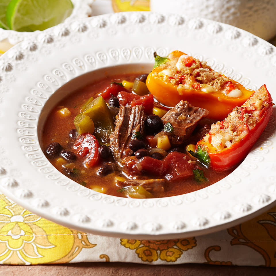 Mexican Shredded Beef Soup with Stuffed Mini Peppers