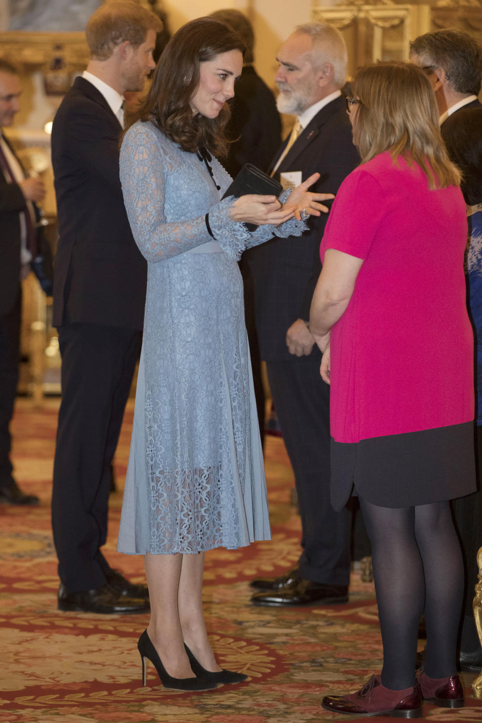 The Duchess is still suffering from severe morning sickness but managed to spend time chatting to mental health ambassadors [Photo: PA]