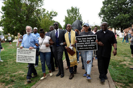 Participants of "Charlottesville to D.C: The March to Confront White Supremacy" begin a ten-day trek to the nation's capital from Charlottesville, Virginia, U.S. August 28, 2017. REUTERS/Sait Serkan Gurbuz