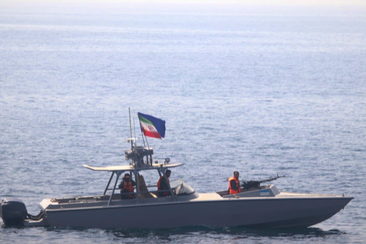 A boat from Iran’s Islamic Revolutionary Guard Corps Navy came into close proximity to the US Navy ships in the Strait of Hormuz (US Navy via Associated Press)