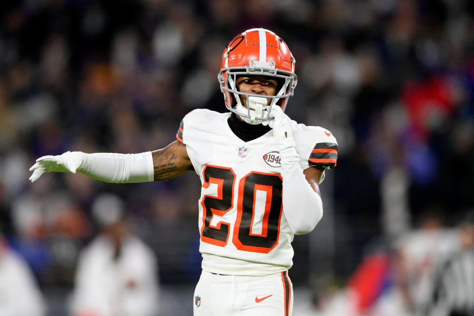 Cleveland Browns cornerback Greg Newsome II (20) gestures during the first half of an NFL football game against the Baltimore Ravens, Sunday, Nov. 28, 2021, in Baltimore.