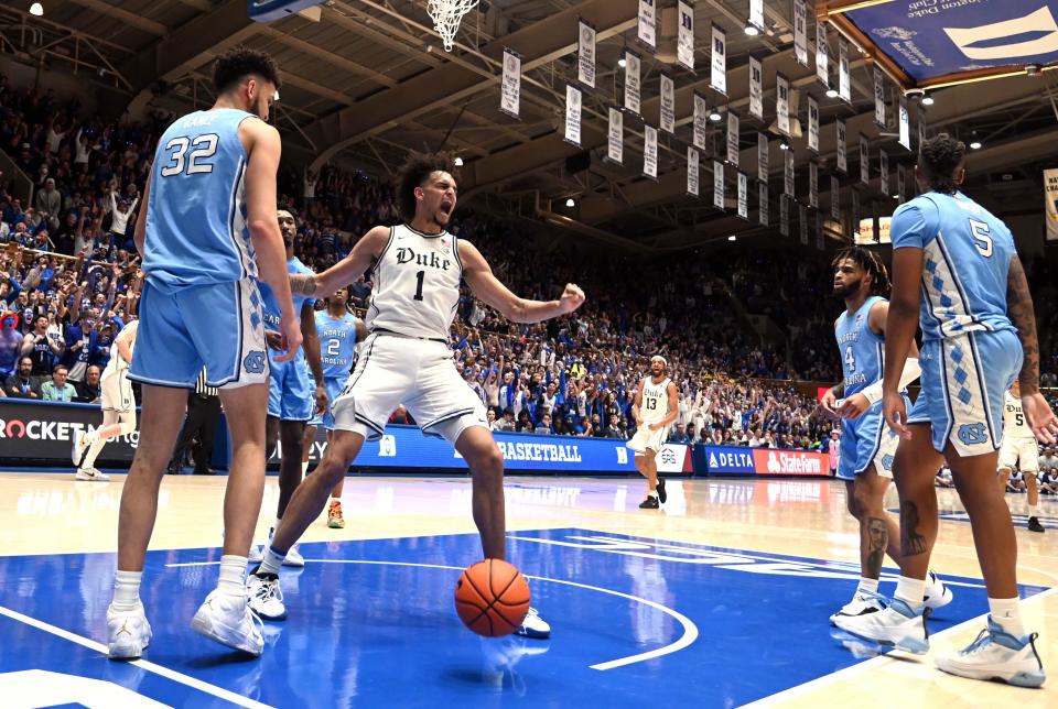 Feb 4, 2023; Durham, North Carolina, USA; Duke Blue Devils center Dereck Lively (1) reacts after dunking during the second half against the North Carolina Tar Heels at Cameron Indoor Stadium. The Blue Devils won 63-57. Mandatory Credit: Rob Kinnan-USA TODAY Sports