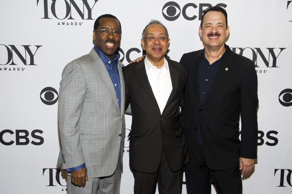 Actor Courtney B. Vance, from left, director George C. Wolfe and Tom Hanks attend the 2013 Tony Awards Meet the Nominess press reception on Wednesday, May 1, 2013 in New York. Hanks was nominated for a Tony award for best leading actor in a play, Tuesday, for his role in "Lucky Guy." Vance earned a best featured actor nomination. (Photo by Charles Sykes/Invision/AP)