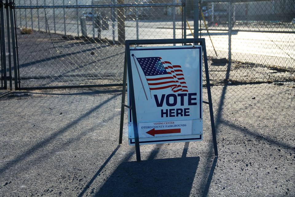 A Vote Here sign at the Otero County Fairgrounds directs voters where to go to cast their ballot.