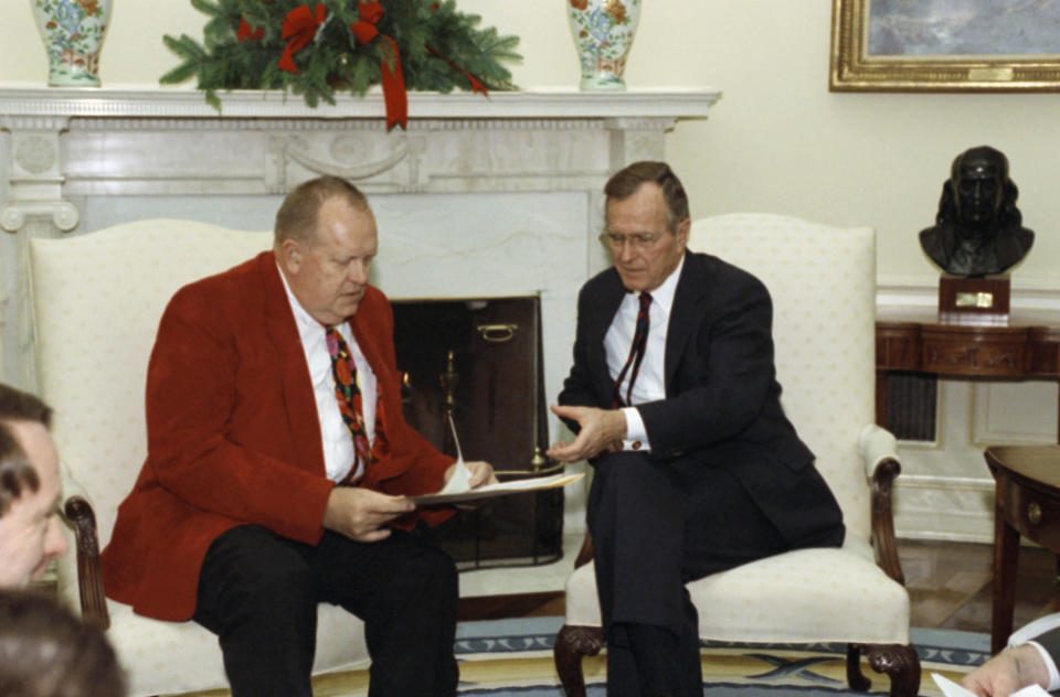 Took office: March 15, 1989  Left office: Sept. 26, 1992  In this Dec. 23, 1991 file photo, President George H.W. Bush meets with Edward Derwinski, Veterans Administration Administrator, in the Oval Office of the White House in Washington. (AP Photo/Dennis Cook)
