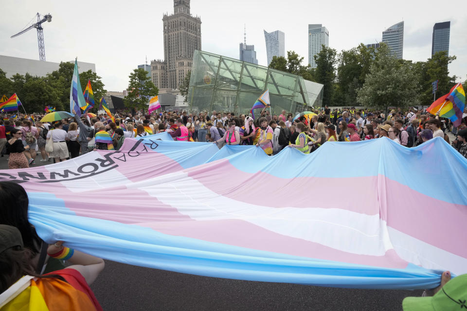 People take part in the Equality Parade, an LGBT pride parade, in Warsaw, Poland, Saturday, June 17, 2023. (AP Photo/Czarek Sokolowski)