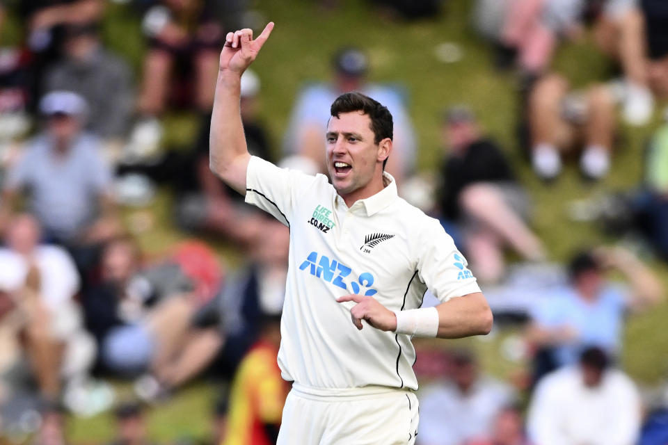 New Zealand's Matt Henry celebrates the wicket of Australia's Nathan Lyon on the first day of their cricket test match in Wellington, New Zealand, Thursday, Feb. 29, 2024. (Kerry Marshall/Photosport via AP)