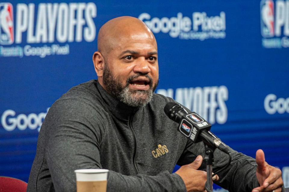 Cleveland Cavaliers head coach J.B. Bickerstaff talks with the media before an NBA basketball first-round playoff series game against the New York Knicks, Wednesday, April 26, 2023. (AP Photo/Phil Long)