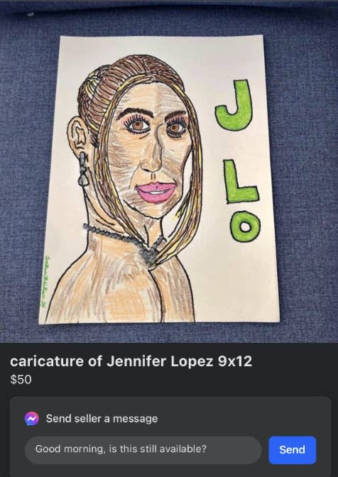 A caricature of Jennifer Lopez, titled "J Lo," is displayed on a blue surface. The illustration is for sale for $50