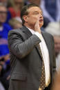 Kansas head coach Bill Self calls a play during the first half of an NCAA college basketball game against Iowa State in Lawrence, Kan., Monday, Feb. 17, 2020. (AP Photo/Orlin Wagner)