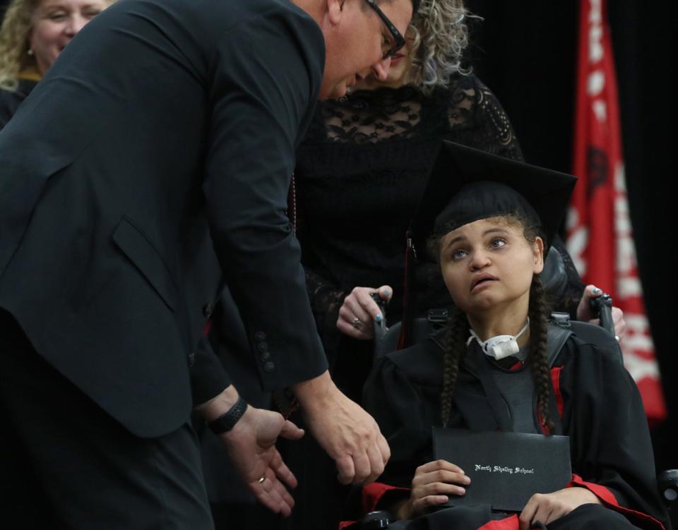 Kayanna Cobb Williams receives her diploma during the North Shelby Graduation Ceremony held Friday morning, May 20, 2022, at the North Shelby school in Shelby.
