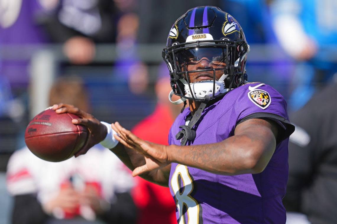 Baltimore Ravens quarterback Lamar Jackson (8) faces Joe Burrow and the Cincinnati Bengals in an NFC North rivalry to open NFL Week 11 Thursday night in Baltimore.
