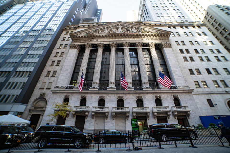 Exterior of New York Stock Exchange Building with classical architecture of Greece columns and US flags as seen during the day, NYSE Financial organization at Wall Street a symbol for the global and American Economy as one of the most powerful financial institute at lower Manhattan New York City, United States of America. February 2020, NY, USA (Photo by Nicolas Economou/NurPhoto via Getty Images)