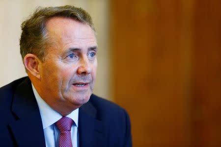 International Trade Secretary Liam Fox speaks during an interview with Reuters at the World Trade Organization (WTO) in Geneva, Switzerland, July 20, 2017. REUTERS/Pierre Albouy