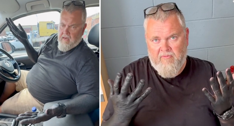 The fisherman sits in the driver's seat of a car holding out his arms with the black ink on them (left) and does the same indoors (right). 