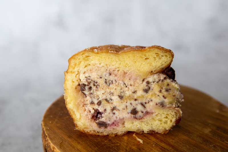 Cross section of Black Forest Bomboloni from Puffs and Peaks