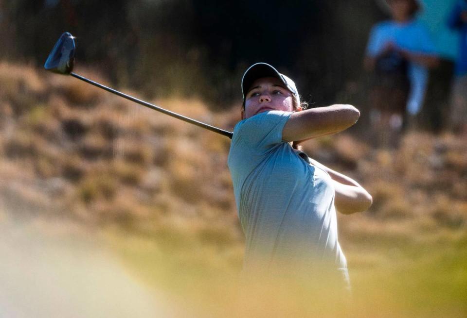 Kate Barber from Savannah, Georgia tees the ball while competing at the 122nd U.S. Women’s Amateur Championship at Chambers Bay Golf Course in University Place on Aug. 8, 2022.