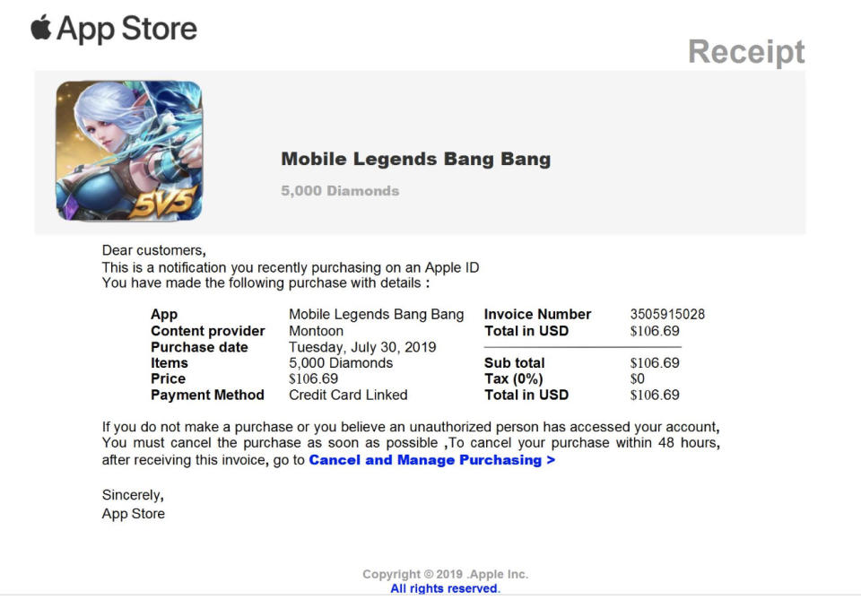 The photo is a screenshot of an Apple App Store bill which is charging $106.69 for a game called Mobile Legends Bang Bang.