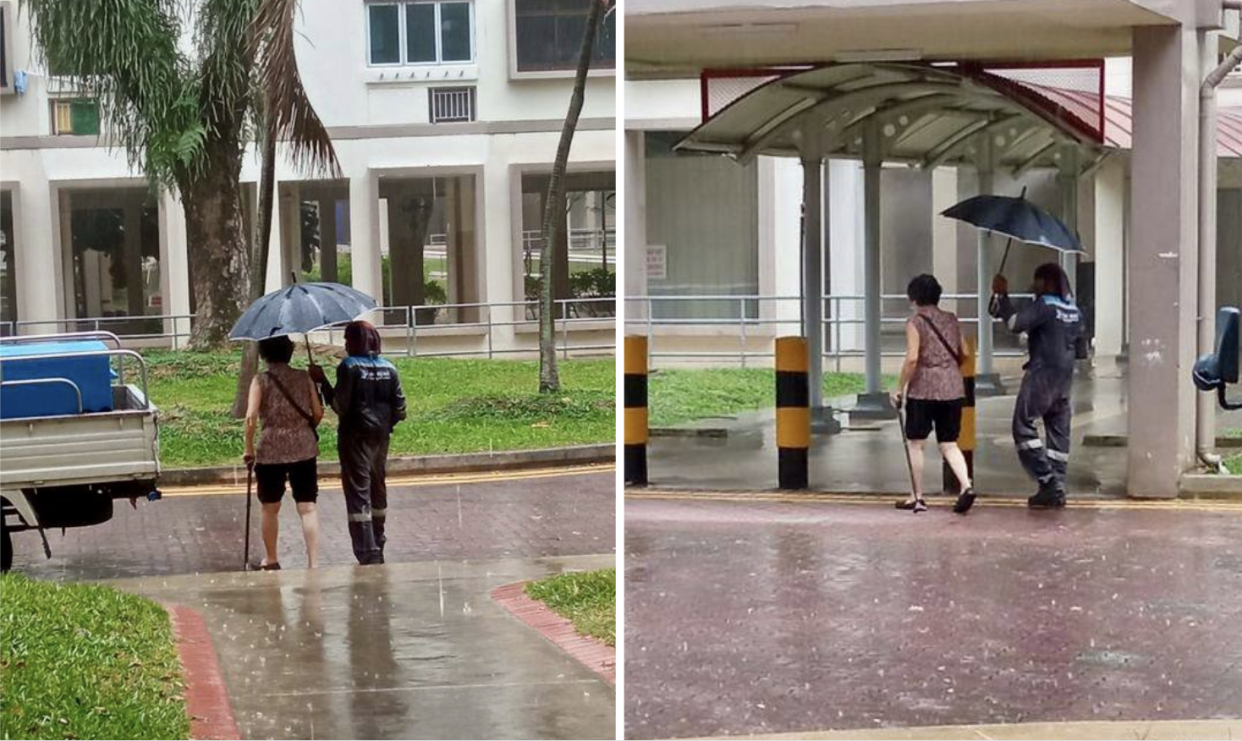 Foreign worker sheltering lady from the rain (Photos: KJ Kyle/Facebook) 