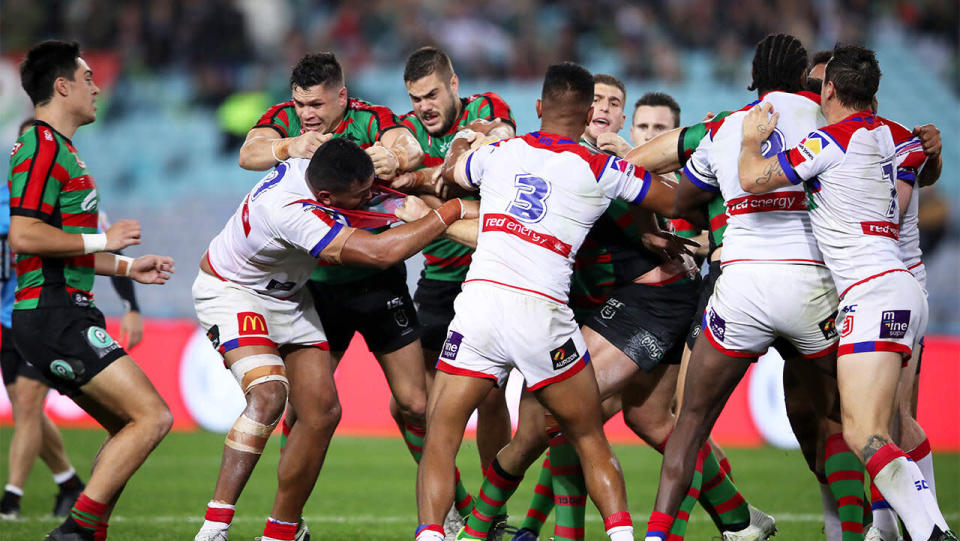 Rabbitohs and Knights players melee during the round 13 NRL match between the South Sydney Rabbitohs and the Newcastle Knights at ANZ Stadium on June 07, 2019 in Sydney, Australia. (Photo by Mark Kolbe/Getty Images)