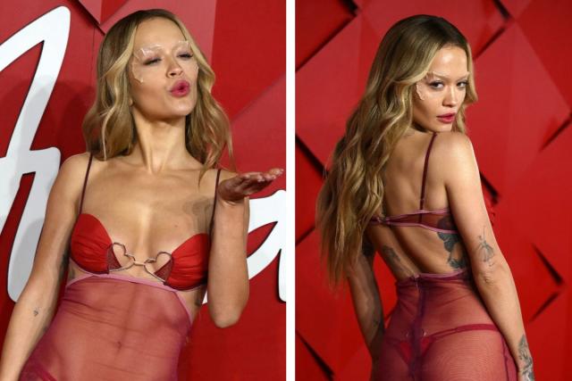 Rita Ora looks red hot in lace bra and see-through skirt as she