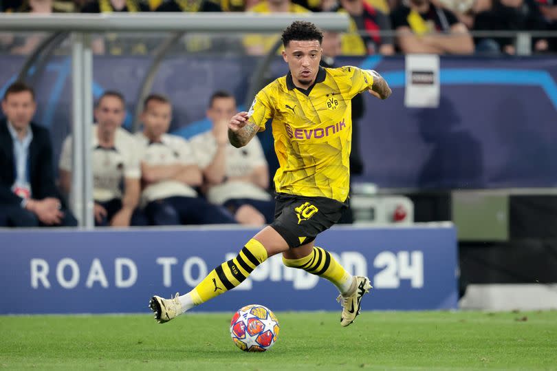 Manchester United loanee Jadon Sancho in action for Borussia Dortmund vs PSG