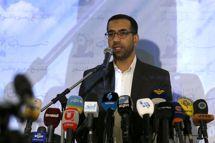 Saudi opposition Abbas al-Sadeq speaks during a conference for Saudi opposition in the southern Beirut suburb of Dahiyeh, Lebanon, Wednesday, Jan. 12, 2022. Lebanon's powerful Hezbollah group hosted a conference for Saudi opposition figures in its stronghold south of Beirut Wednesday in a defiant gesture certain to anger the oil-rich kingdom. (AP Photo/Bilal Hussein)