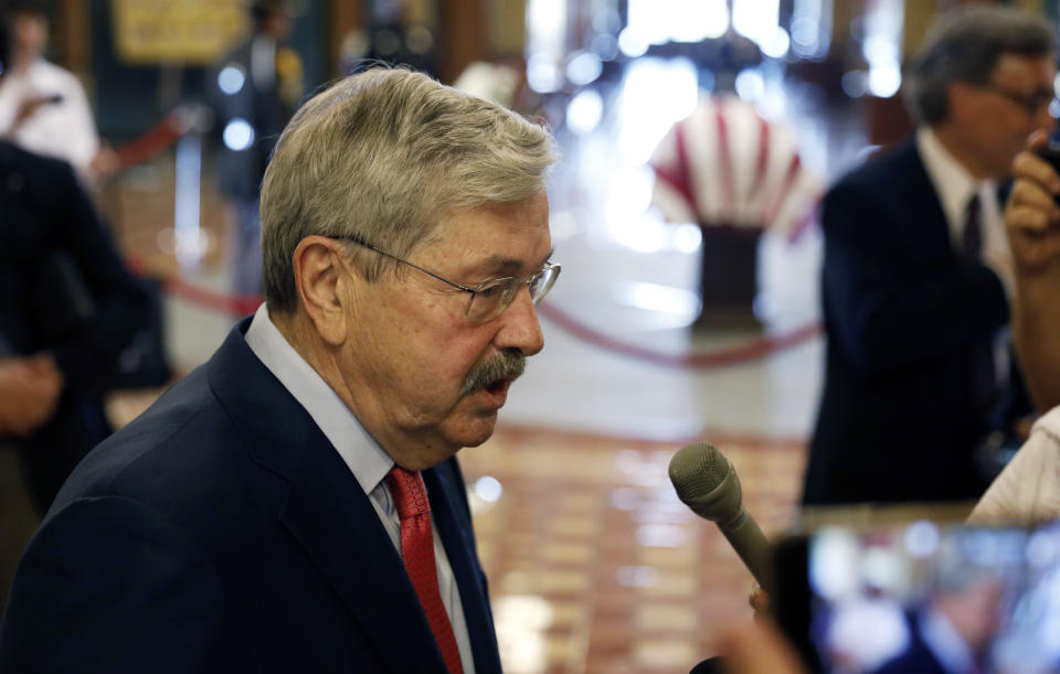 FILE - In this July 12, 2018 file photo,U.S. ambassador to China and former Iowa Gov. Terry Branstad speaks to reporters at the Statehouse in Des Moines, Iowa. Jury selection began Monday, June 3, 2019 in what is expected to be a monthlong civil trial over allegations that Branstad pressured an official to quit because he was gay, a case Branstad's attorney predicts will escalate into an "unhinged attack on the Republican Party." (AP Photo/Charlie Neibergall File)