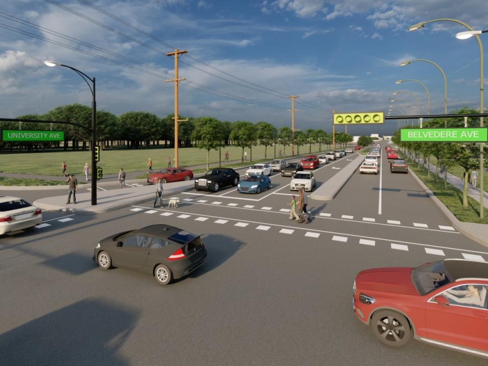 The biggest changes in the first phase will be at the intersection of University and Belvedere, which will include right-turn lanes in an effort to end the backup of traffic near the university.   (City of Charlottetown - image credit)