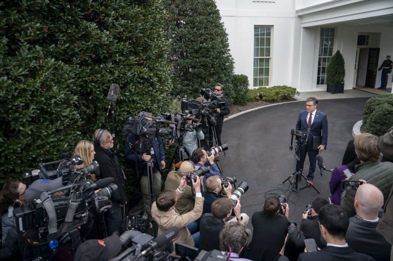 Speaker of the House Mike Johnson, R-LA, speaks to the press after meeting with President Joe Biden and other congressional leaders Tuesday. Photo by Bonnie Cash/UPI