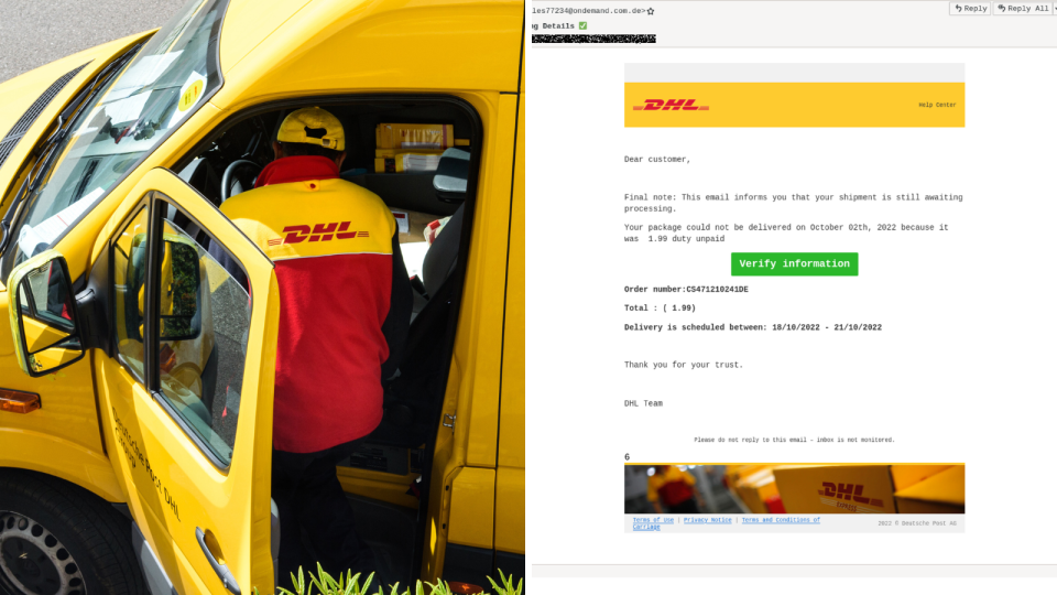 DHL driver with packages. DHL scam email.