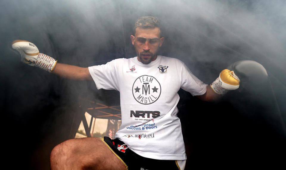 <p>Rob Magill walks out to start his Middleweight bout against Dale Arrowsmith during the Boxing event at the FlyDSA Arena, Sheffield. Picture date: Friday May 21, 2021.</p>
