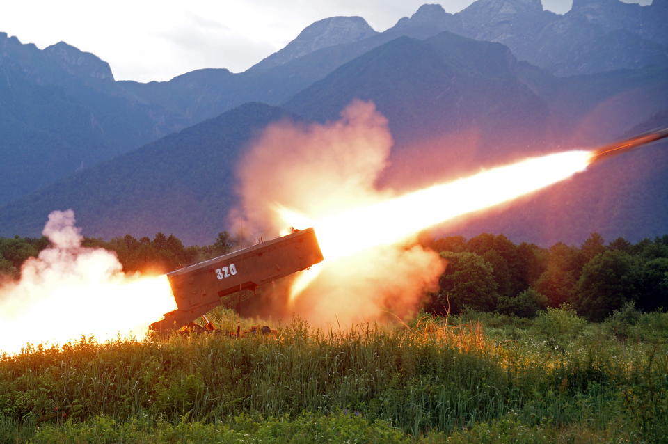 NORTH OSSETIA, RUSSIA - JUNE 17, 2019: A BM-1 combat vehicle takes part in live firing exercises for TOS-1A Solntsepyok heavy flamethrower units of the Southern Military District at Tarskoye firing range. Olga Smolskaya/TASS (Photo by Olga Smolskaya\TASS via Getty Images)