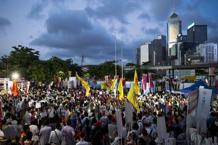 Pro-China supporters attend a demonstration supporting a Beijing-backed electoral reform outside the Legislative Council building in Hong Kong, China June 17, 2015. REUTERS/Tyrone Siu