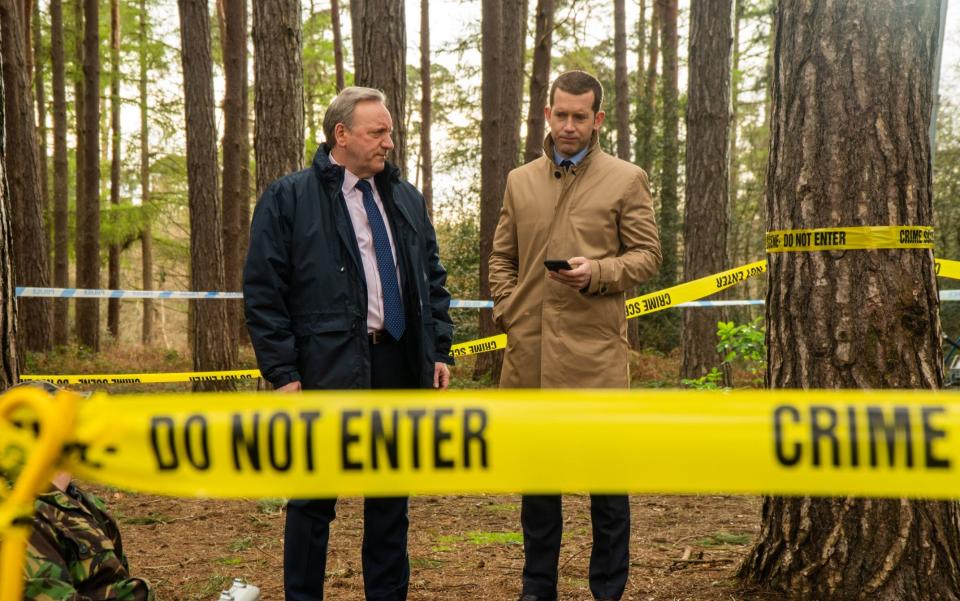 Crime scene with actors Neil Dudgeon and Nick Hendrix