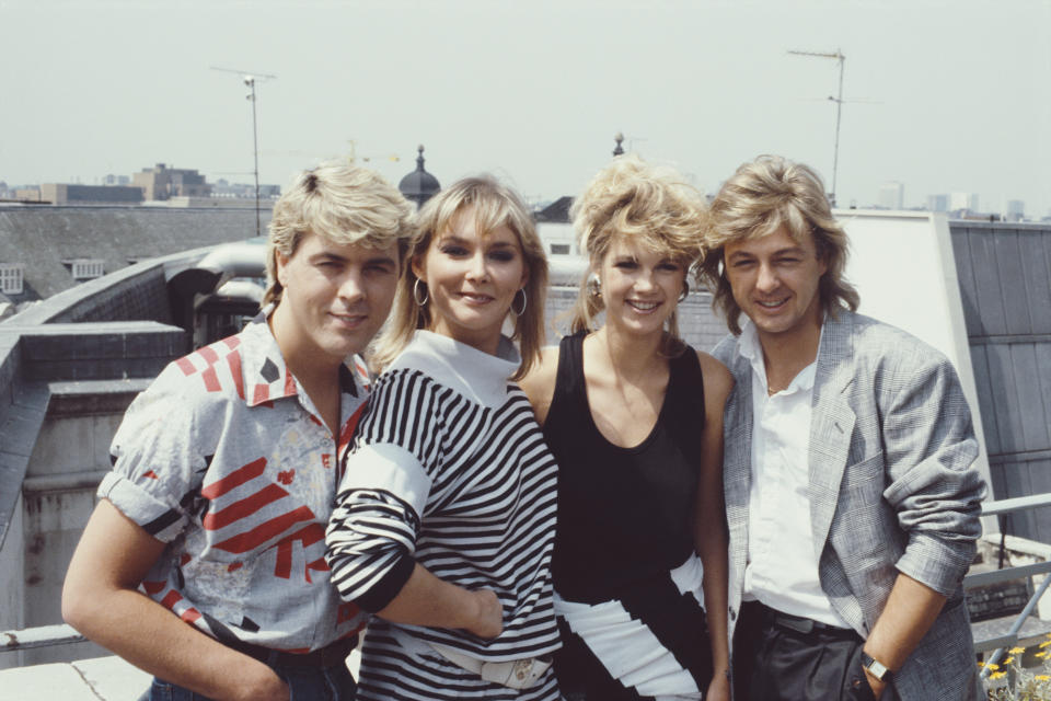 British pop group Bucks Fizz, July 1985. From left to right, they are Mike Nolan, Cheryl Baker, new member Shelley Preston and Bobby G.  (Photo by Keystone/Hulton Archive/Getty Images)