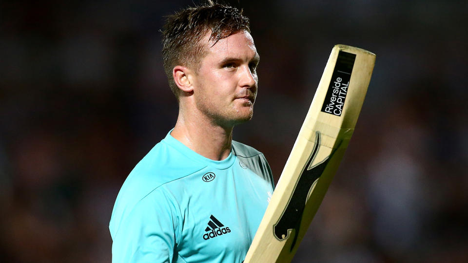 Jason Roy of Surrey makes his way off the field after being dismissed by Ashton Agar of Middlesex during the Vitality Blast match between Surrey and Middlesex at The Kia Oval on August 3, 2018 in London, England. (Photo by Jordan Mansfield/Getty Images)