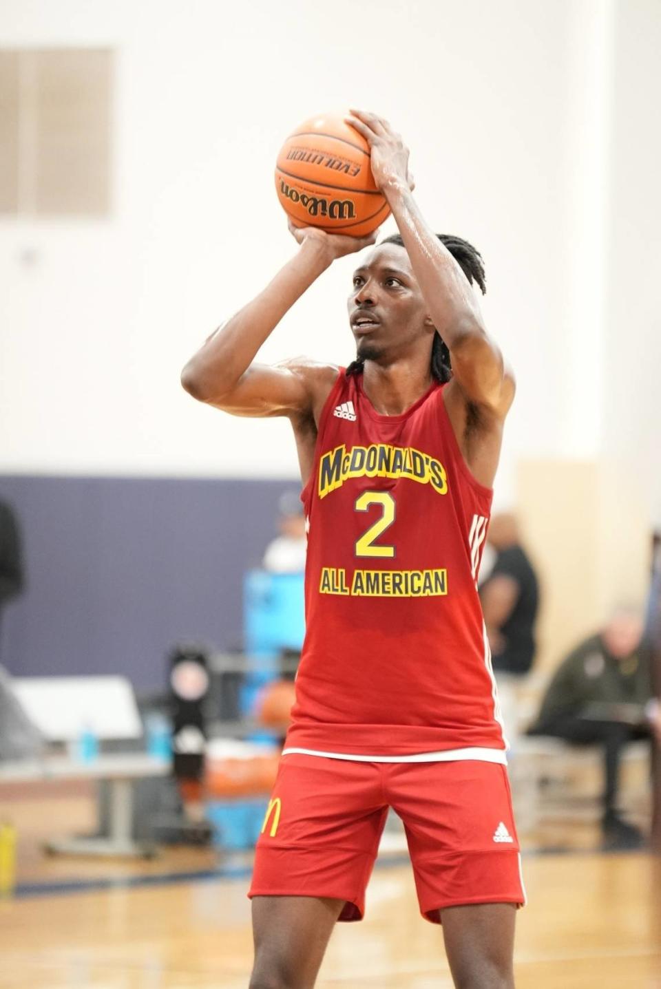 Aaron Bradshaw shoots the ball during practice ahead of the 2023 McDonald’s All-American Game in Houston, Texas. Bradshaw described himself as energetic and fun during Monday’s McDonald’s All-American Game media day.