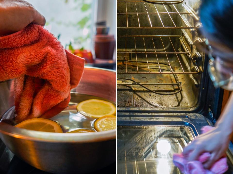 Side-by-side photos show the author dipping the towel in the water lemon bowl and wiping her oven clean